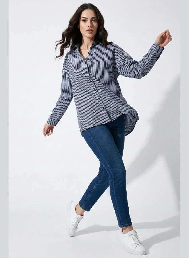 ليلا Lela Striped Oversize Fit Classic Collar Long Sleeve Shirt Women's SHIRT 6925475